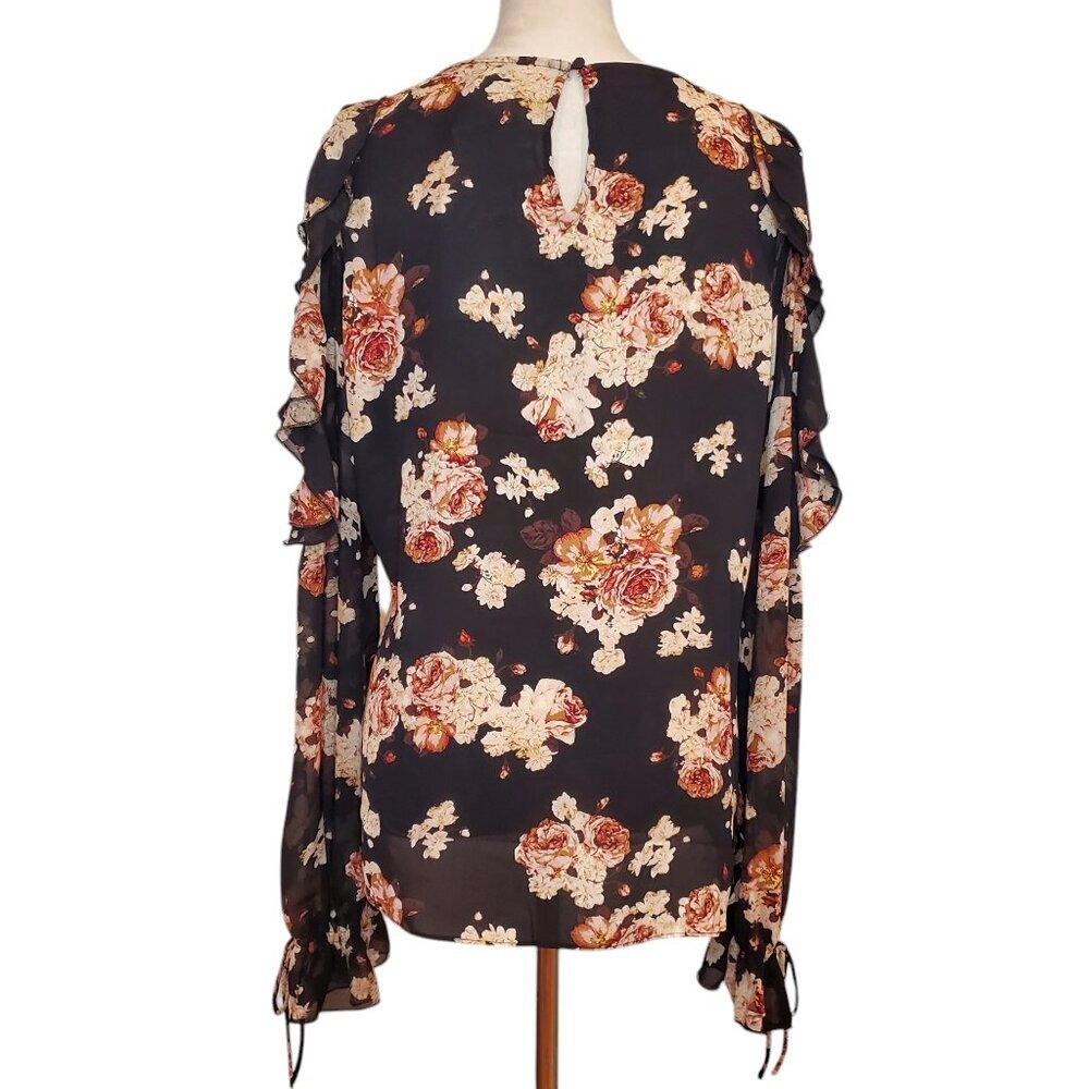 NEW ROSE & OLIVE SZ XL Floral Roses Pink Black Cold Shoulder Ruffles Blouse - Picture 5 of 7